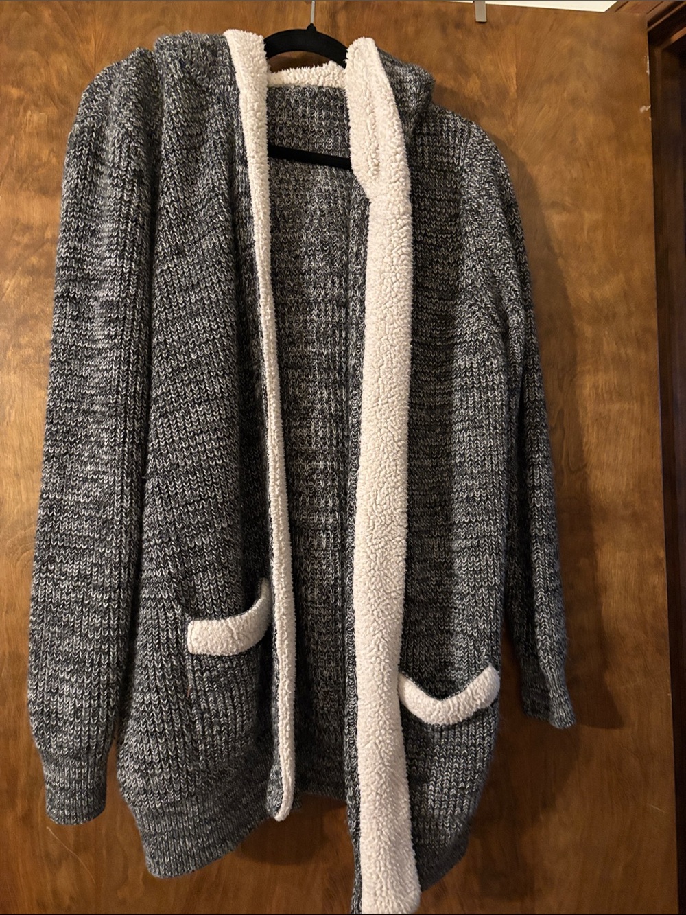Natural Reflections Gray Marled Open-Front Cardigan with Cream Sherpa Trim
